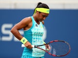 Heather Watson of Great Britain in action against Lauren Davis of the United States during their women's first round match on Day One of the 2015 US Open at the USTA Billie Jean King National Tennis Center on August 31, 2015