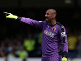 Heurelho Gomes of Watford gestures during the Barclays Premier League match between Everton and Watford at Goodison Park on August 8, 2015