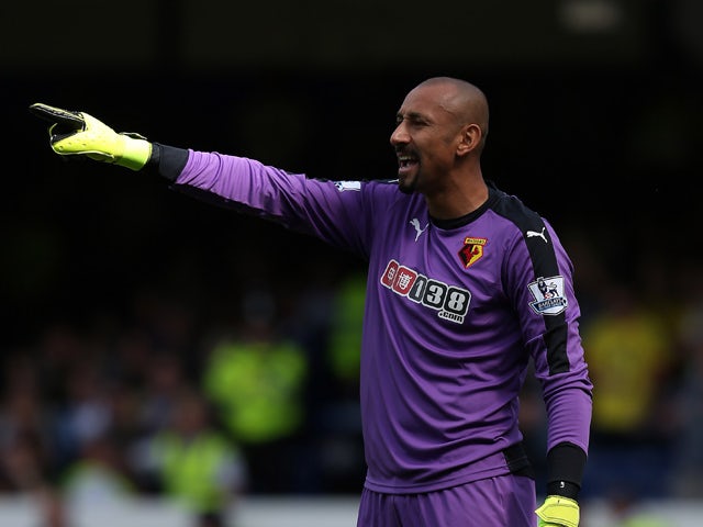 Heurelho Gomes of Watford gestures during the Barclays Premier League match between Everton and Watford at Goodison Park on August 8, 2015