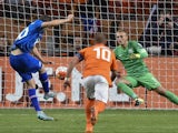 Iceland's midfielder Gylfi Sigurdsson shoots a penalty and scores during the UEFA Euro 2016 qualifying round football match between Netherlands and Iceland at the Arena Stadium, on September 3, 2015