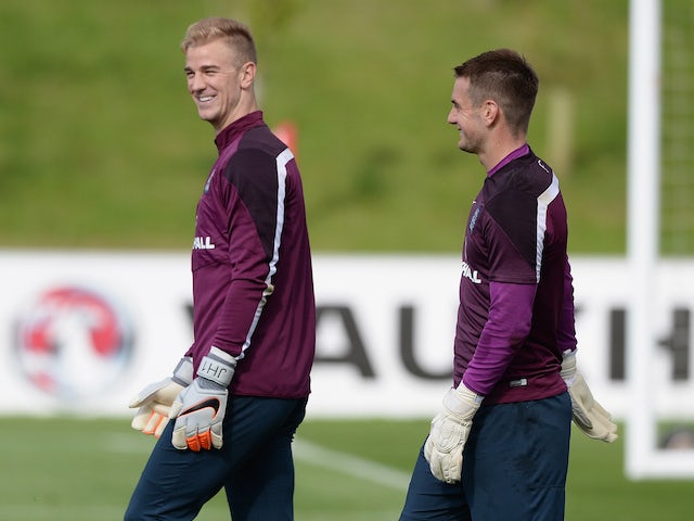 Joe Hart and Tom Heaton during an England training session on September 4, 2015