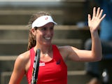 Johanna Konta of Great Britain reacts against Louisa Chirico of the United States during their Women's Singles First Round match on Day Two of the 2015 US Open at the USTA Billie Jean King National Tennis Center on September 1, 2015