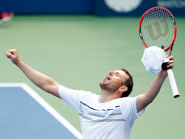Mardy Fish of the United States reacts after defeating Marco Cecchinato of Italy during his Men's Singles First Round match on Day One of the 2015 US Open at the USTA Billie Jean King National Tennis Center on August 31, 2015