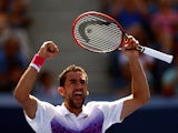 Marin Cilic of Croatia celebrates after defeating Jeremy Chardy of France in their Men's Singles Fourth Round match on Day Seven of the 2015 US Open.