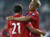 Norway's Defender Vegard Forren celebrates with Norway's Forward Alexander Soderlund after scoring a goal during the EURO 2016 Group H match between Bulgaria and Norway on September 3, 2015