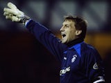Stefan Klos of Rangers signals to a team mate during the Bank of Scotland Scottish Premier League match between Rangers and Hearts on December 20, 2003