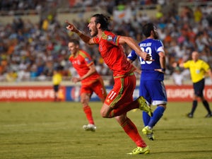 Wales striker Gareth Bale celebrates after scoring the opening goal during the UEFA EURO 2016 Qualifier between Cyprus and Wales at GPS Stadium on September 3, 2015