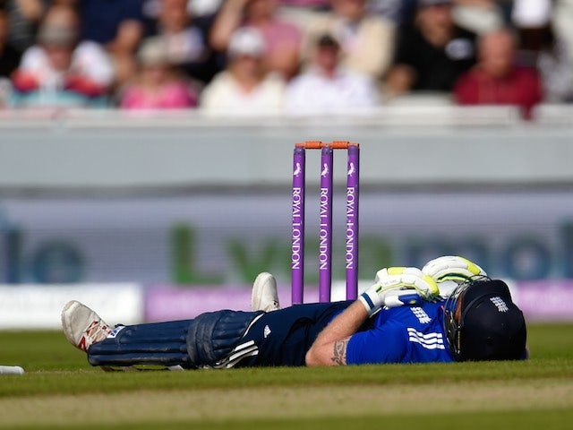 Ben Stokes reacts after taking a blow to the crotch on September 13, 2015