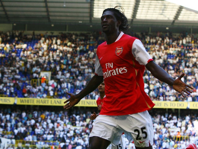 Emmanuel Adebayor of Arsenal celebrates his 2nd goal during the Barclays Premier League match between Tottenham Hotspur and Arsenal at White Hart Lane on September 15, 2007
