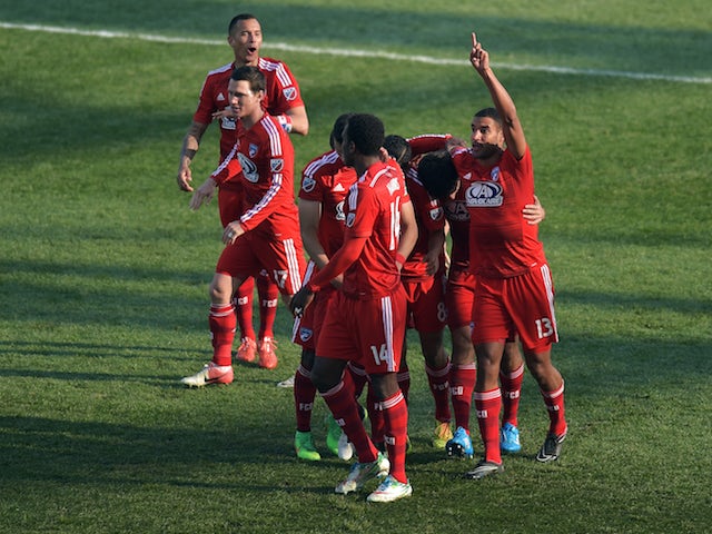 Tesho Akindele #13 of FC Dallas celebrates his second half goal with his teammates against the Philadelphia Union at PPL Park on March 21, 2015 in Chester, Pennsylvania. Dallas won 2-0.