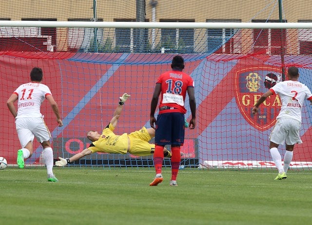 'Fabinho' scores from the penalty spot for Monaco against Gazelec Ajaccio on September 13, 2015