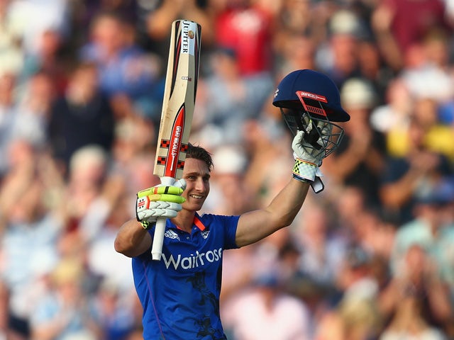 James Taylor of England celebrates his century during the 3rd Royal London One-Day International match between England and Australia at Old Trafford on September 8, 2015