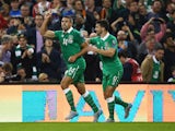 Jonathan Walters of the Republic of Ireland (14) celebrates with Shane Long (9) as he scores their first goal during the UEFA EURO 2016 Group D qualifying match between Republic of Ireland and Georgia at Aviva Stadium on September 7, 2015 in Dublin, Irela