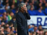 Jose Mourinho holds his face in horror during the game between Chelsea and Everton at Goodison Park on September 12, 2015