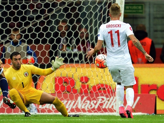 Poland's Kamil Grosicki scores a goal past Gibraltar's goalkeeper Jordan Perez (L) during the UEFA Euro 2016 qualifying football match between Poland and Gibraltar, in Warsaw, Poland on September 7, 2015.