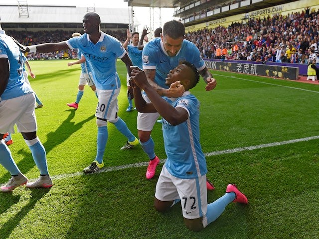 Kelechi Iheanacho celebrates scoring the winner for Man City against Palace on September 12, 2015