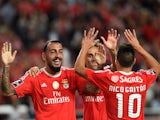 Benfica's Konstantinos Mitroglou celebrates scoring against Belenenses on September 11, 2015