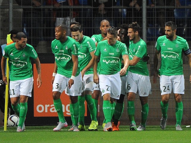 Saint-Etienne players celebrate Moustapha Bayal Sall's goal against Montpellier on September 12, 2015