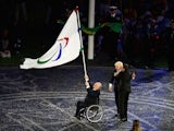 Mayor of London Boris Johnson, President of the IPC Sir Philip Craven MBE and Mayor of Rio de Janeiro Eduardo Paes perform the Paralympic flag handover ceremony during the closing ceremony on day 11 of the London 2012 Paralympic Games
