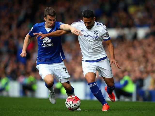 Chelsea's Radamel Falcao battles with Seamus Coleman of Everton on September 12, 2015
