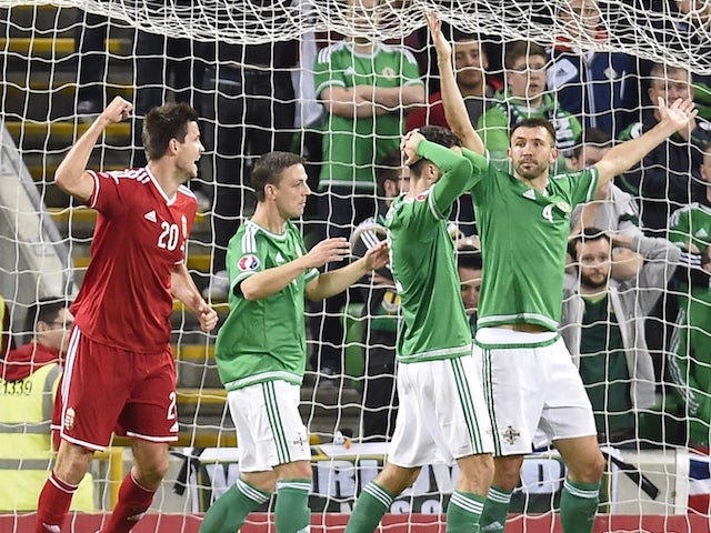 Hungary's defender Richard Guzmics (L) celebrates scoring the opening goal of the Euro 2016 qualifying group F football match between Northern Ireland and Hungary at Windsor Park in Belfast on September 7, 2015.
