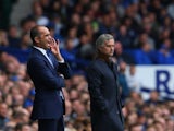 Everton boss Roberto Martinez and Chelsea counterpart Jose Mourinho stand on the touchline on September 12, 2015