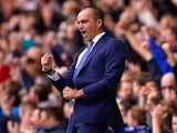 Roberto Martinez celebrates Everton taking the lead against Chelsea on September 12, 2015