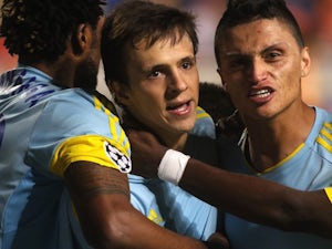Astana players celebrate scoring during the Champions League qualifying match with APOEL on August 26, 2015