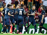 Atletico Madrid's Antoine Griezmann (3rdL) celebrates with his team mates after scoring the second goal during the Champions League group C football match Galatasaray vs Atletico Madrid on September 15, 2015