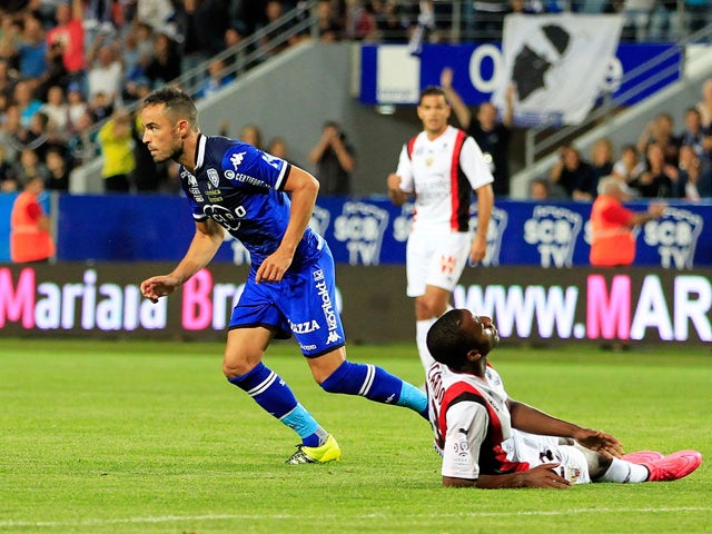 Bastia's French midfielder Gael Danic celebrates after scoring a goal during the French L1 football match Bastia (SCB) against Nice (OGCN) on September 19, 2015 