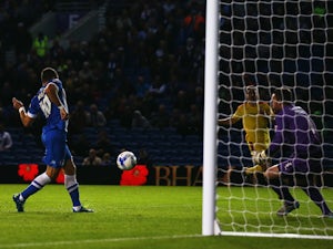 Tomer Hemed of Brighton & Hove Albion scores during the Sky Bet Championship match between Brighton & Hove Albion and Rotherham United at Amex Stadium on September 15, 2015