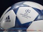 The UEFA logo is pictured on an official match ball ahead of the UEFA Champions League