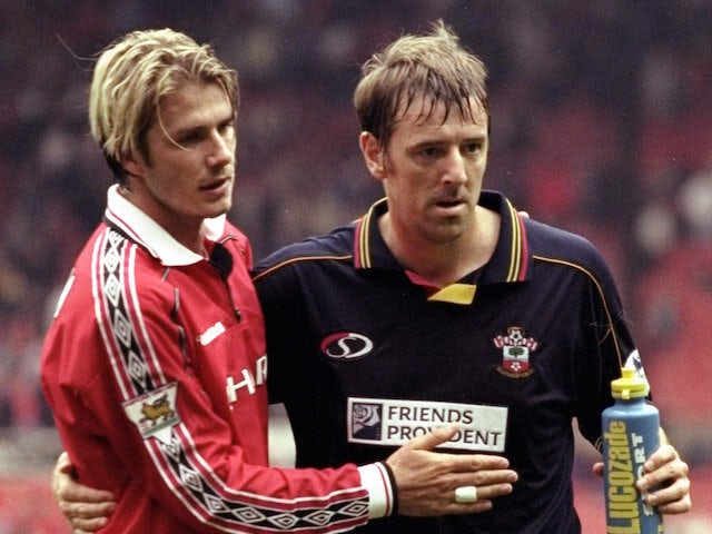 David Beckham of Manchester United and Matt Le Tissier of Southampton during the FA Carling Premiership match played at OLd Trafford in Manchester, England. The game ended in a 3-3 draw.