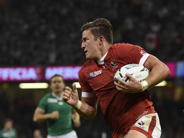 Canada's wing DTH van der Merwe scores a try during a Pool D match of the 2015 Rugby World Cup between Ireland and Canada at the Millenium stadium in Cardiff, south Wales on September 19, 2015