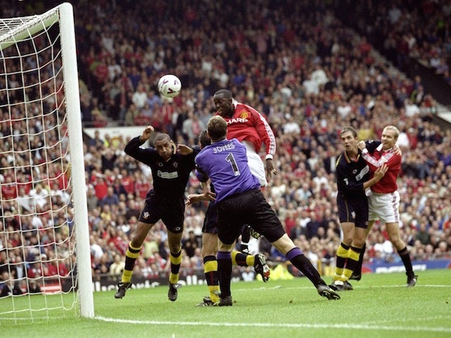 Dwight Yorke of Manchester United scores during the FA Carling Premiership match against Southampton played at Old Trafford in Manchester, England. The game ended in a 3-3 draw.