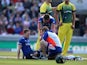 Eoin Morgan receives treatment during the 5th ODI between England and Australia on September 13, 2015