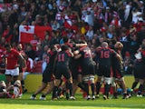The Georgia team celebrate at the final whistle during the 2015 Rugby World Cup Pool C match between Tonga and Georgia at Kingsholm Stadium on September 19, 2015
