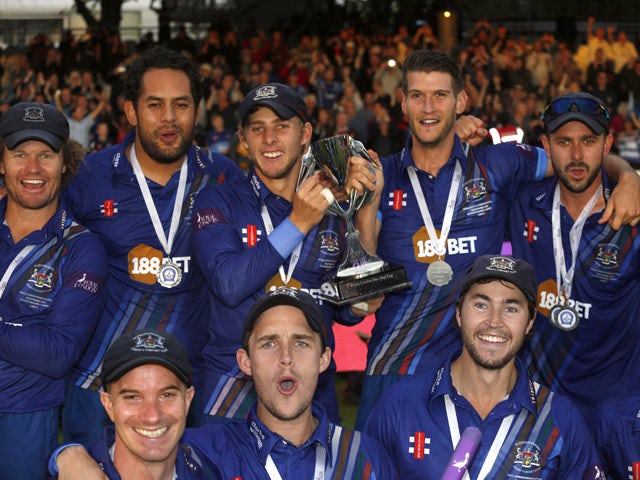Players from the victorious Gloustershire team parade the trophy after the Royal London One-Day Cup Final between Surrey and Gloustershire at Lord's Cricket Ground on September 19, 2015