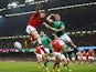 Matt Evans of Canada and Luke Fitzgerald of Ireland challenge for the high ball during the 2015 Rugby World Cup Pool D match between Ireland and Canada at the Millennium Stadium on September 19, 2015