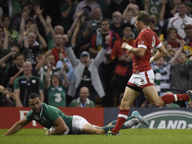 Ireland's wing Dave Kearney scores a try during a Pool D match of the 2015 Rugby World Cup between Ireland and Canada at the Millenium stadium in Cardiff, south Wales on September 19, 2015