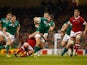 Jared Payne of Ireland looks to offload to Keith Earls of Ireland during the 2015 Rugby World Cup Pool D match between Ireland and Canada at the Millennium Stadium on September 19, 2015