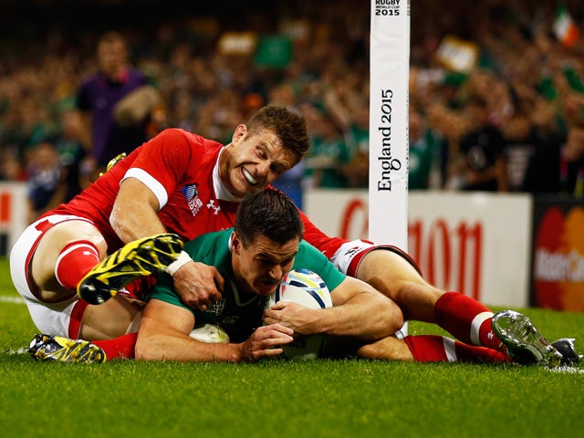 Jonathan Sexton of Ireland scores the third try for his team during the 2015 Rugby World Cup Pool D match between Ireland and Canada at the Millennium Stadium on September 19, 2015