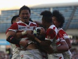 Ayumu Goromaru of Japan celebrates scoring his team's second try during the 2015 Rugby World Cup Pool B match between South Africa and Japan at the Brighton Community Stadium on September 19, 2015 