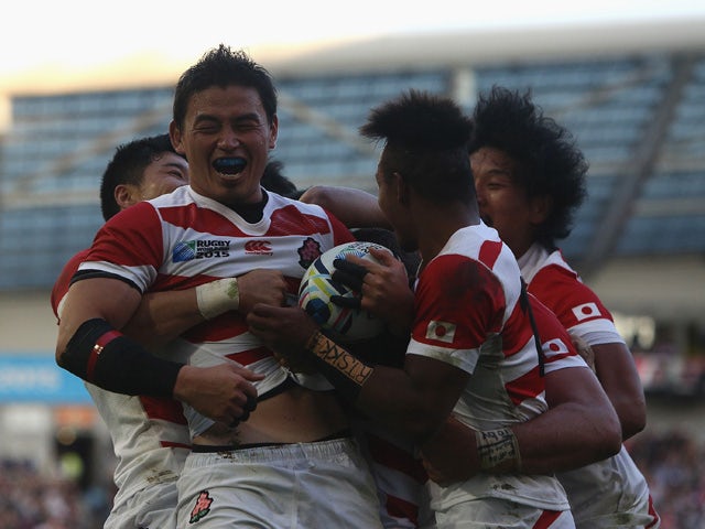 Ayumu Goromaru of Japan celebrates scoring his team's second try during the 2015 Rugby World Cup Pool B match between South Africa and Japan at the Brighton Community Stadium on September 19, 2015 