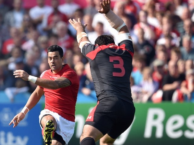 Kurt Morath kicks the ball during the Rugby World Cup game between Tonga and Georgia in Gloucester on September 19, 2015