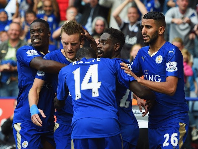 Leicester City players celebrate during their game with Aston Villa on September 13, 2015