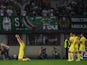 Villarreal's Leo Baptistao (L) celebrates the 0-1 during the UEFA Europa League Group E football match between SK Rapid Wien and Villarreal CF in Vienna, Austria, on September 17, 2015.