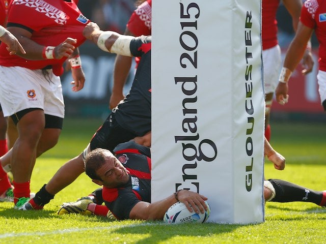 Georgia captain Mamuka Gorgodze scores his team's first try against Tonga in the Rugby World Cup on September 19, 2015