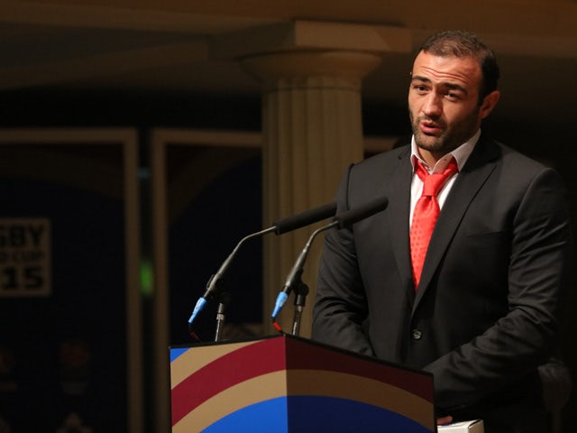 Georgia player Mamuka Gorgodze speaks as the Georgia team attend the Georgia 2015 World Cup team welcoming at St Georges on September 14, 2015