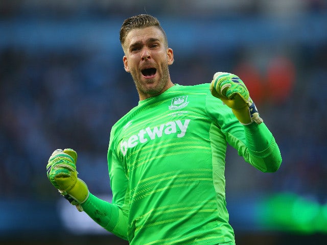 Adrian of West Ham United celebrates his team's first goal by Victor Moses (not pictured) during the Barclays Premier League match between Manchester City and West Ham United at Etihad Stadium on September 19, 2015 in Manchester, United Kingdom.